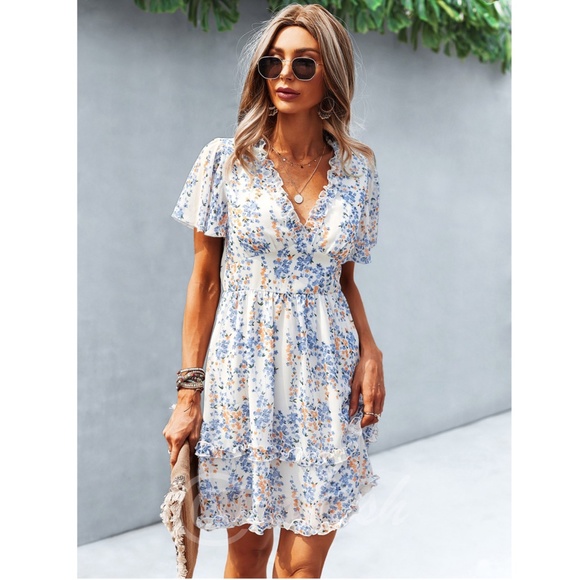 Floral White Dress Summer V-Neck Short Mini - Picture 5 of 6